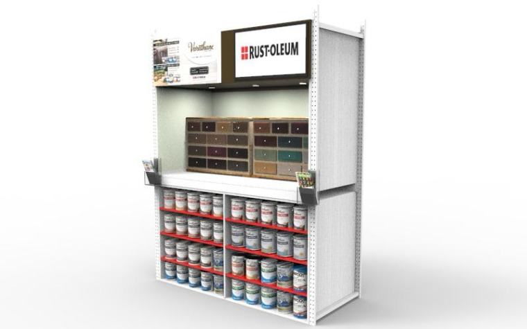 Exhibidores y góndolas: del render a la tienda para Rust-Oleum